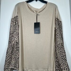 AMOLI  Leopard Print Sleeve Beige Top.  #30